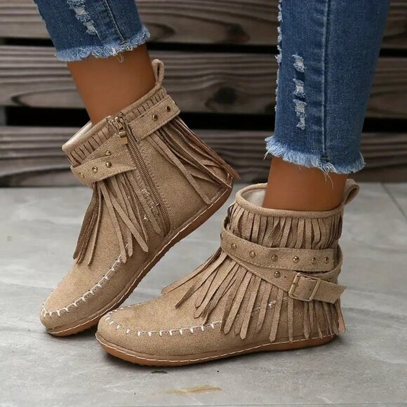 Tan Vegan Suede Fringe Ankle Booties - Picture 2 of 2
